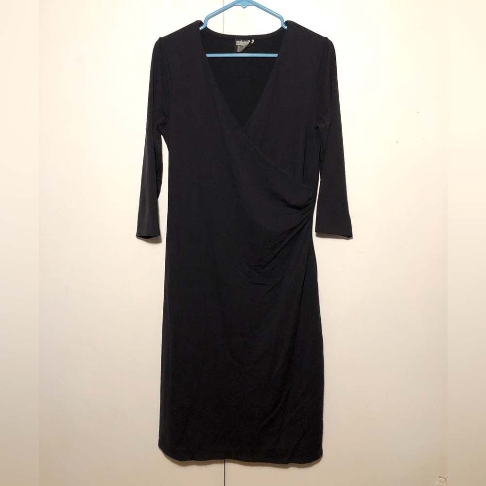 Athleta Black 3/4 Sleeve Stretch Faux Wrap Dress Womens Size Medium Tall